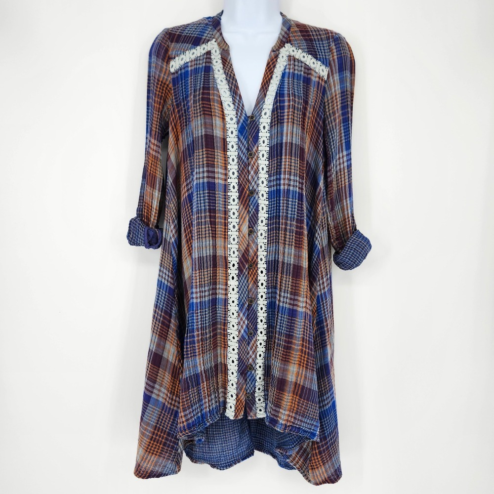 Holding Horses Anthropologie Plaid Tunic Shirt Dress Womens XS Boho Lace Western
